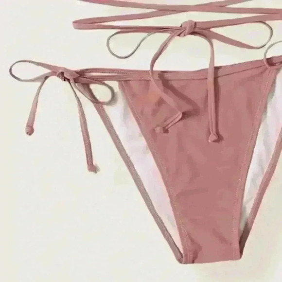NWT Solid Rose Pink Ruched Double Wrap Triangle Tie Bikini SET - Picture 4 of 11